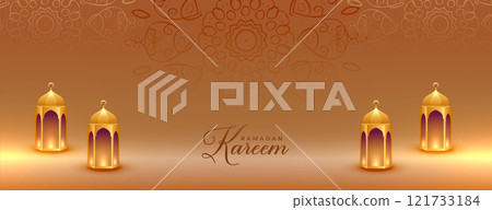 realistic ramadan kareem golden banner with islamic lanterns 121733184