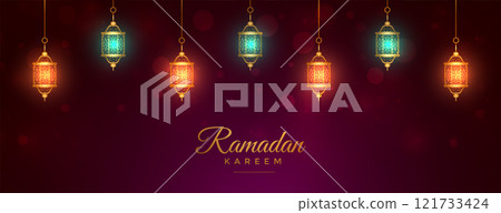 elegant ramadan kareem banner with glowing islamic lanterns 121733424