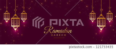 beautiful ramadan kareem celebration banner with lamps decoration 121733435