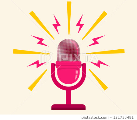 Vintage vector illustration of retro pink microphone in retro style. Retro Microphone icon. Vintage vector illustration of retro pink microphone in retro style. Retro Microphone icon. 121733491