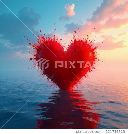 A red heart floats in a serene ocean. 121733523