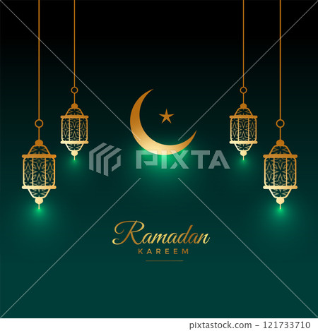 eid ramadan kareem shiny card with lamp and moon decoration 121733710