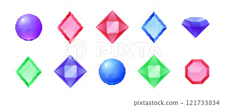 Pixel gemstone set. Vibrant jewels retro-style pixel diamond ruby design sapphire. 121733834
