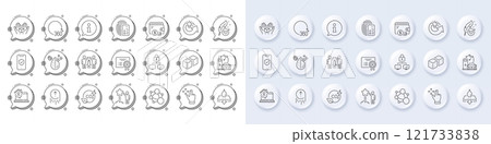 Info, Integrity and Dirty water line icons. White pin 3d buttons, chat bubbles icons. Pack of Card, Swipe up, Partnership icon. Charging station, Co2 gas, 360 degrees pictogram. Vector 121733838