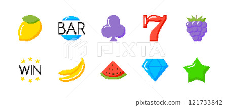 Pixel art icons of fruit, symbols, and objects in retro 8-bit style. The colorful icons include a 121733842