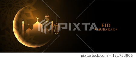 eid mubarak festival banner with mosque and moon 121733906