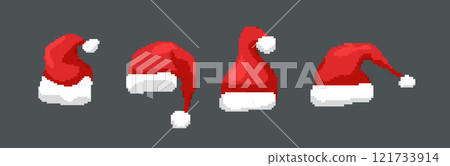 Pixelated Santa hat illustration. Simple pixel art of a red Santa hat with white trim on a dark 121733914