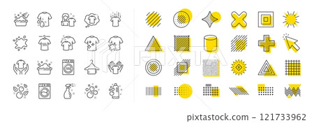 Dryer, Washing machine and dirt shirt. Design shape elements. Laundry line icons. Laundromat, hand washing, soap bubbles in basin icons. Dry t-shirt, laundry service, dirty smudge spot. Vector 121733962