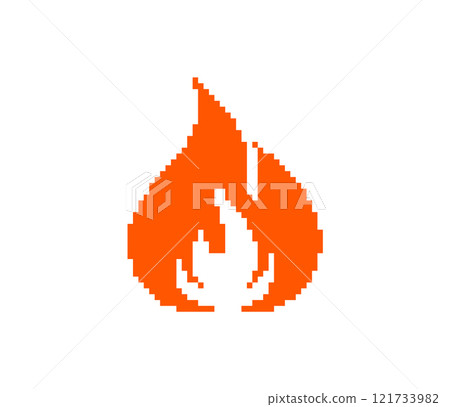 Pixel fire icon. Retro-style flame graphic orange and yellow fire gradient pixel art design. 121733982