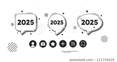 2025 year icon. Speech bubble offer icons. Event schedule annual date. 2025 annum planner. 2025 chat text box. Social media icons. Speech bubble text balloon. Vector 2025 year icon. Speech bubble offer icons. Event schedule annual date. 2025 annum planner. 2025 chat text box. Social media icons. Speech bubble text balloon. Vector 121734029