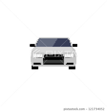 Pixelated sports car icon in front view. Retro pixel art sports car simple detailing vehicle retro 121734052