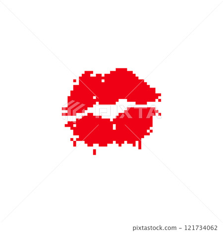 Red pixelated lips in retro digital style. Minimalistic red lips icon in pixel art design 121734062