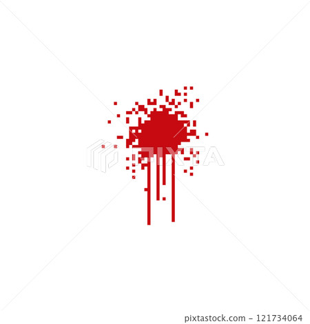 Red blood splatter in pixel art style. Pixelated blood stain with drips in a retro design. 121734064