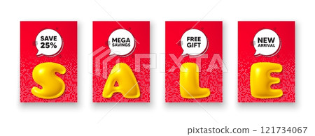 Poster templates with 3d sale text. Save 25 percent off tag. Sale Discount offer price sign. Special offer symbol. Discount poster frame message. Offer chat bubbles. Text speech balloon. Vector 121734067