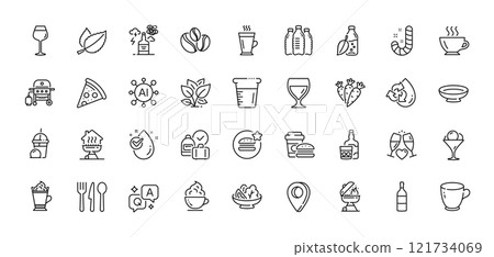 Wine glass, Coffee-berry beans and Wine bottle line icons pack. AI, Question and Answer, Map pin icons. Food, Ice cream milkshake, Latte coffee web icon. Vector Wine glass, Coffee-berry beans and Wine bottle line icons pack. AI, Question and Answer, Map pin icons. Food, Ice cream milkshake, Latte coffee web icon. Vector 121734069