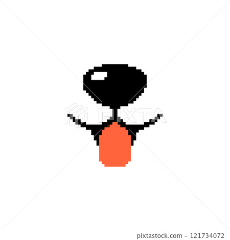 Pixel art black dog with orange tongue. Minimalistic dog character in retro pixelated design. 121734072
