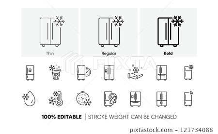 Refrigerator, freezer storage, smart fridge machine. Fridge line icons set. Cooler box, water with ice, thermometer icons. Wi-fi remote access, thermostat timer, smart freezer. Line icons set. Vector 121734088