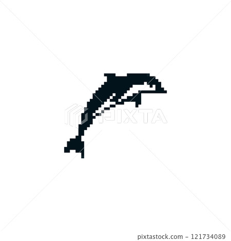 Pixel art black dolphin silhouette. Minimalistic dolphin icon in pixelated retro style. Pixel art black dolphin silhouette. Minimalistic dolphin icon in pixelated retro style. 121734089