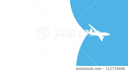 Minimal airplane silhouette on a blue and white abstract background. The clean design features a 121734098