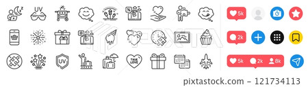 Delivery boxes, Cupcake and Sunglasses line icons pack. Social media icons. Fireworks explosion, Luggage insurance, Smile chat web icon. Yummy smile, Luggage belt, Photo pictogram. Vector Delivery boxes, Cupcake and Sunglasses line icons pack. Social media icons. Fireworks explosion, Luggage insurance, Smile chat web icon. Yummy smile, Luggage belt, Photo pictogram. Vector 121734113