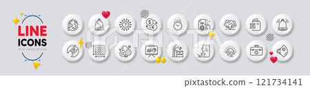First aid, Mute and Question mark line icons. White buttons 3d icons. Pack of Square area, Sunrise, Bell alert icon. Time, Certificate, Save planet pictogram. Vector 121734141