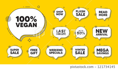 Offer speech bubble icons. 100 percent vegan tag. Organic bio food sign. Vegetarian product symbol. Vegan food chat offer. Speech bubble discount banner. Text box balloon. Vector 121734145