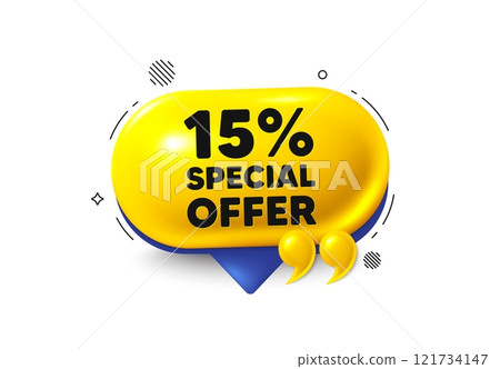 Offer speech bubble 3d icon. 15 percent discount offer tag. Sale price promo sign. Special offer symbol. Discount chat offer. Speech bubble quotation banner. Text box balloon. Vector 121734147