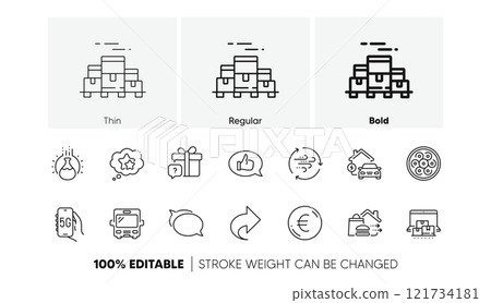 Secret gift, Talk bubble and Chemistry experiment line icons. Pack of 5g internet, Boxes pallet, Home charging icon. Online storage, Food delivery, Ranking stars pictogram. Bus, Feedback. Vector 121734181