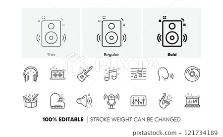 Guitar, Musical note and Headphones. Music line icons. Jazz saxophone linear icon set. Line icons set. Vector 121734189
