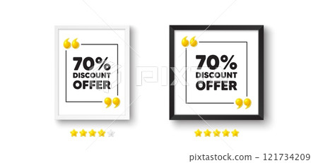 Photo frame with 3d quotation icon. 70 percent discount tag. Sale offer price sign. Special offer symbol. Discount chat message. Picture frame wall. 3d comma quotes. Vector 121734209