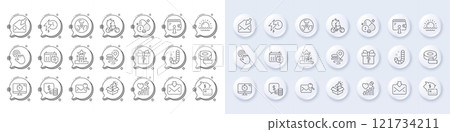 Piggy bank, Secret gift and Search mail line icons. White pin 3d buttons, chat bubbles icons. Pack of Incoming mail, Wallet, Vip podium icon. Seo timer, Cursor, Adhesive tape pictogram. Vector Piggy bank, Secret gift and Search mail line icons. White pin 3d buttons, chat bubbles icons. Pack of Incoming mail, Wallet, Vip podium icon. Seo timer, Cursor, Adhesive tape pictogram. Vector 121734211