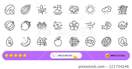 Almond nut, Plants watering and Hazelnut line icons for web app. Pack of Seafood, Fair trade, Sea mountains pictogram icons. No alcohol, Co2 gas, Sunny weather signs. Pecan nut, Tree. Vector 121734246