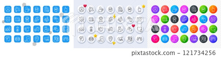 Like, Winner podium and Yoga line icons. Square, Gradient, Pin 3d buttons. AI, QA and map pin icons. Pack of Accounting, Voicemail, Support icon. Social care, Click hand, Chat app pictogram. Vector 121734256