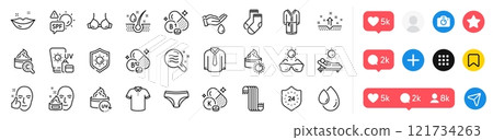 Lounger, Thiamine vitamin and Spf protection line icons pack. Social media icons. Serum oil, 24 hours, Healthy face web icon. Panties, T-shirt, Clean skin pictogram. Vector 121734263