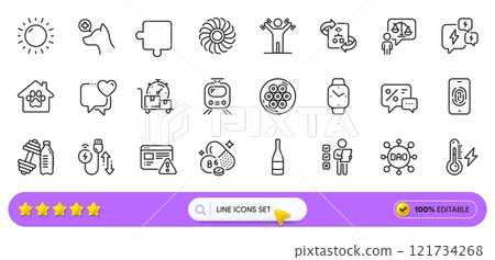 Pet shelter, Electricity power and Fan engine line icons for web app. Pack of Fast delivery, Charging cable, Sunny weather pictogram icons. Puzzle, Smartwatch, Dumbbells workout signs. Vector Pet shelter, Electricity power and Fan engine line icons for web app. Pack of Fast delivery, Charging cable, Sunny weather pictogram icons. Puzzle, Smartwatch, Dumbbells workout signs. Vector 121734268