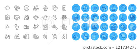 Organic product, Food app and Buying currency line icons pack. Timer app, Instruction info, Speaker web icon. Accounting report, Lock, Touchscreen gesture pictogram. Money currency. Vector 121734275
