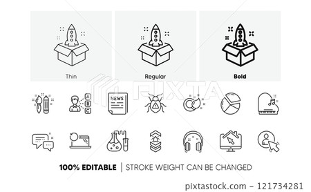 Software bug, Recovery laptop and Paint brush line icons. Pack of Startup, User, Employees messenger icon. Shoulder strap, Piano, Fake news pictogram. Chemistry lab, Pie chart, Creativity. Vector Software bug, Recovery laptop and Paint brush line icons. Pack of Startup, User, Employees messenger icon. Shoulder strap, Piano, Fake news pictogram. Chemistry lab, Pie chart, Creativity. Vector 121734281