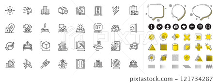 Set of Property agency, Saving electricity and Co2 gas line icons for web app. Design elements, Social media icons. Night city, Circle area, Parcel tracking icons. Vector 121734287