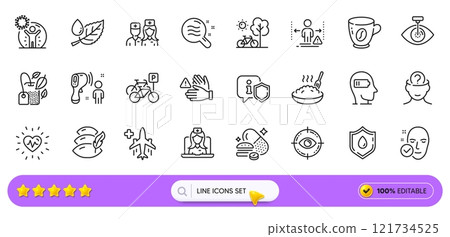 Dont touch, Shield and Bicycle line icons for web app. Pack of Eye target, Pillow, Mint bag pictogram icons. Leaf dew, Doctor, Electronic thermometer signs. Skin condition. Search bar. Vector Dont touch, Shield and Bicycle line icons for web app. Pack of Eye target, Pillow, Mint bag pictogram icons. Leaf dew, Doctor, Electronic thermometer signs. Skin condition. Search bar. Vector 121734525