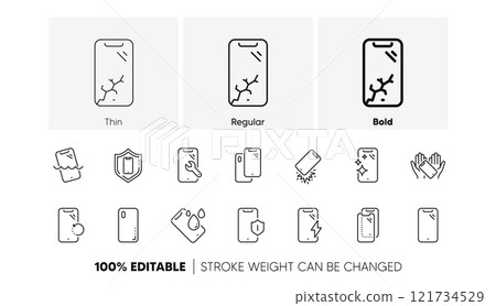 Tempered glass, screen protector and water resistant. Smartphone protection line icons. Phone cover, display glass protection and shockproof device icons. Linear set. Line icons set. Vector 121734529