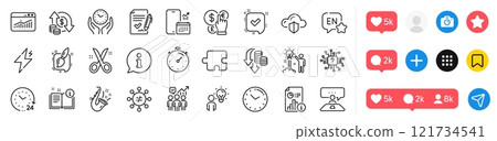 Time, Safe time and Website statistics line icons pack. Social media icons. Power, Interview job, Artificial intelligence web icon. Info, Confirmed, Manual pictogram. Vector 121734541