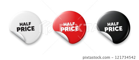 Half Price tag. Price tag sticker with offer message. Special offer Sale sign. Advertising Discounts symbol. Sticker tag banners. Discount label badge. Vector 121734542