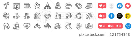 Depression treatment, Agent and Medical mask line icons pack. Social media icons. Delivery market, Cyber attack, Nurse web icon. Difficult stress, Management, Woman read pictogram. Clean hands. Vector 121734548