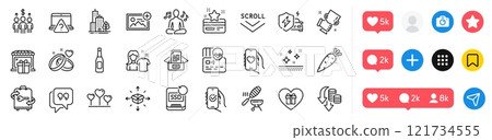 Fish grill, Yoga music and Loyalty card line icons pack. Social media icons. Skyscraper buildings, Dating app, Winner cup web icon. Scroll down, Marriage rings, Add photo pictogram. Vector 121734555