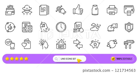 Copy documents, Fraud and User communication line icons for web app. Pack of Smartphone protection, Donate, Printer pictogram icons. Windy weather, T-shirt, Voicemail signs. Money. Search bar. Vector 121734563