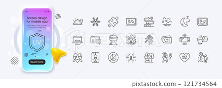 Love tickets, Deckchair and Game console line icons for web app. Phone mockup gradient screen. Pack of Grill, Travel calendar, Crane claw machine pictogram icons. Vector 121734564