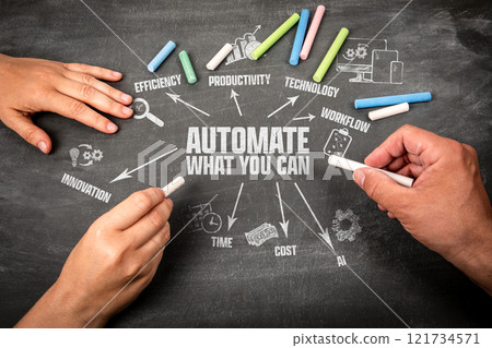 Automate What You Can. Illustration with icons, arrows and keywords on a black chalkboard background Automate What You Can. Illustration with icons, arrows and keywords on a black chalkboard background 121734571