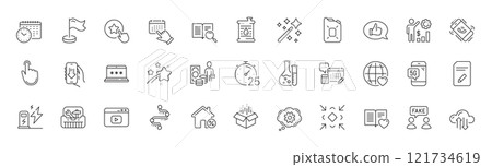 Fake information, Oil barrel and Cogwheel line icons. Pack of Money profit, Loyalty star, Falling star icon. Magic wand, Hand click, Search text pictogram. Timeline, Toolbox, Calendar time. Vector Fake information, Oil barrel and Cogwheel line icons. Pack of Money profit, Loyalty star, Falling star icon. Magic wand, Hand click, Search text pictogram. Timeline, Toolbox, Calendar time. Vector 121734619
