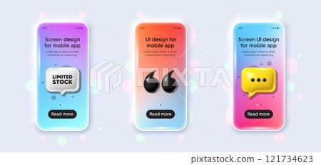 Phone 3d mockup gradient screen. Limited stock sale tag. Special offer price sign. Advertising discounts symbol. Limited stock phone mockup message. 3d chat speech bubble. Yellow text box app. Vector 121734623