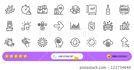 Wine, Loan percent and Teamwork process line icons for web app. Pack of Flights application, Anxiety, Petrol station pictogram icons. Night city, Consumption growth, Next signs. Search bar. Vector 121734640